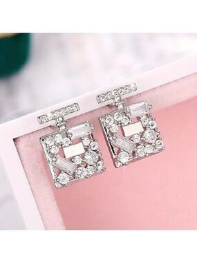 Silver Earrings Stud Square-shaped zircon